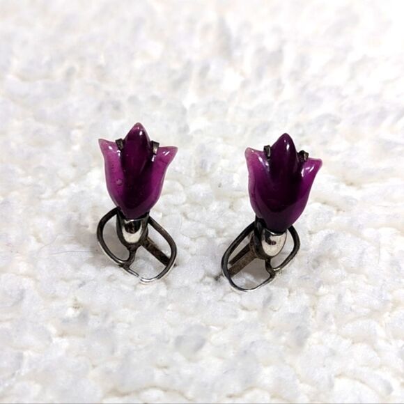 Vintage 40's /50's Sterling Silver & Purple Lucite Tulip Screw Back Earrings - Picture 8 of 11